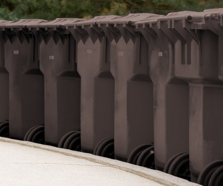 Photo of several residential trash carts all in a line.